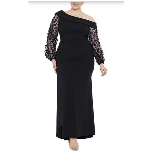 Xscape Plus Size Long Sleeve Flower Long Scuba Crepe Dress | 18W - Picture 1 of 5